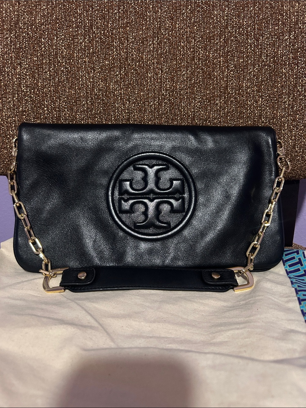 Tory Burch Black Leather Logo Chain-Handle Clutch